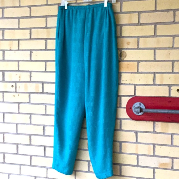 Turquoise silk jacquard, lined, pull on pants. EUC Roomy Small - Picture 3 of 6